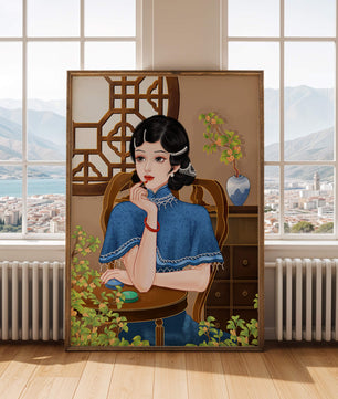 Elegant Woman in Traditional Chinese Setting with Blue Cape and Intricate Decor