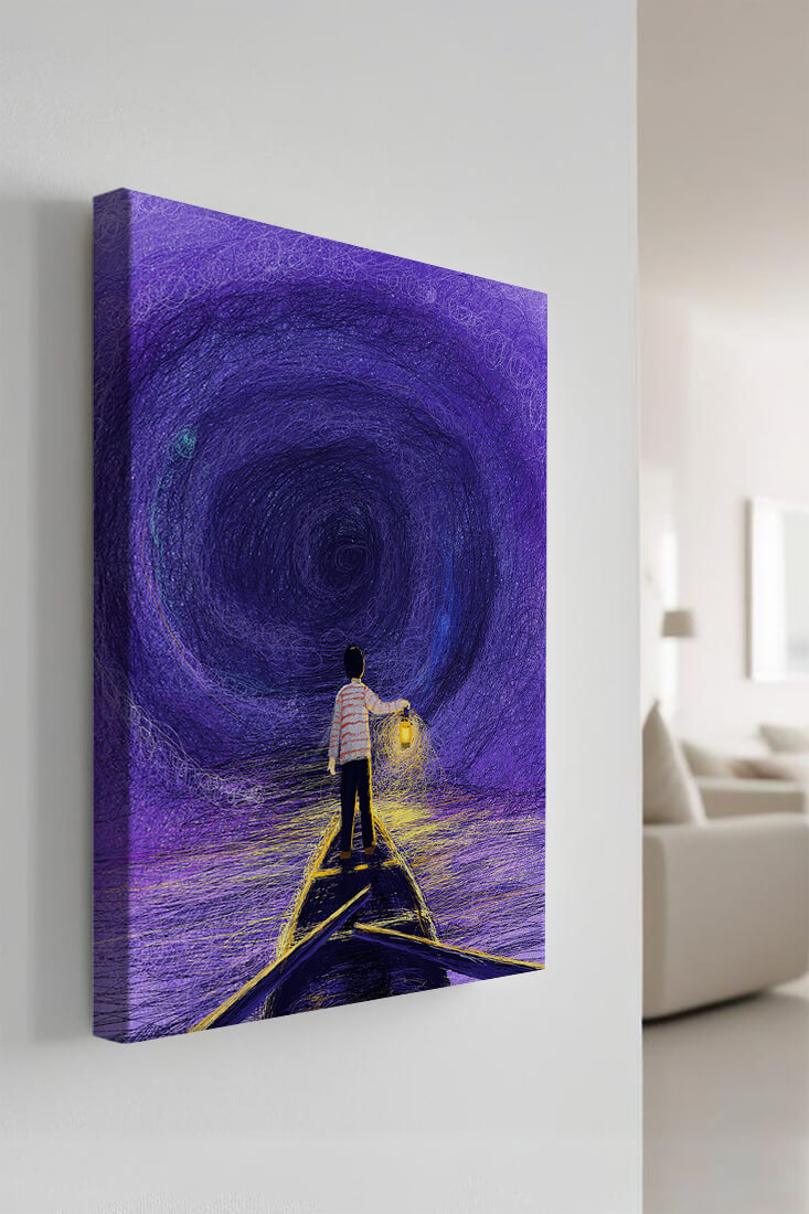 A boy holding a lantern on a boat in a swirling purple vortex