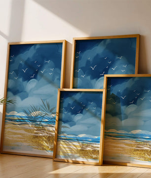 Meereslandschaft mit Vögeln in einer leuchtenden Blau- und Goldpalette