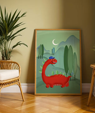 Whimsical red dinosaur in a serene nighttime forest