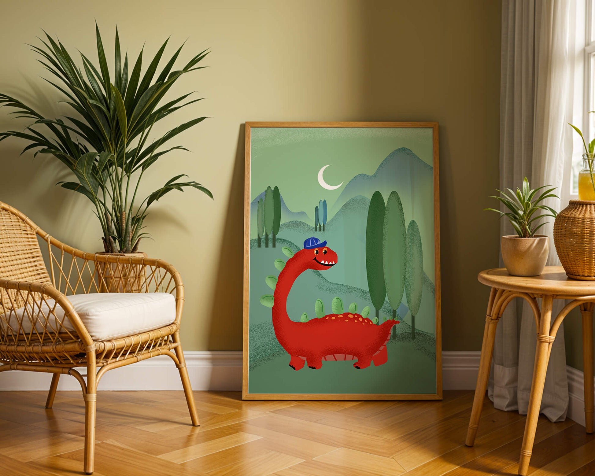Whimsical red dinosaur in a serene nighttime forest