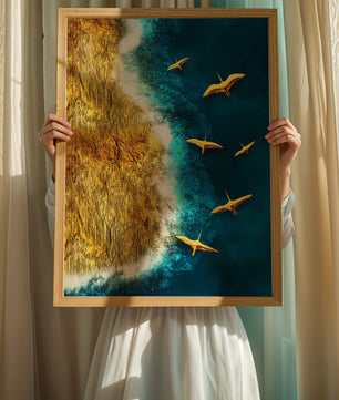 Golden beach landscape with vibrant ocean and flying seabirds
