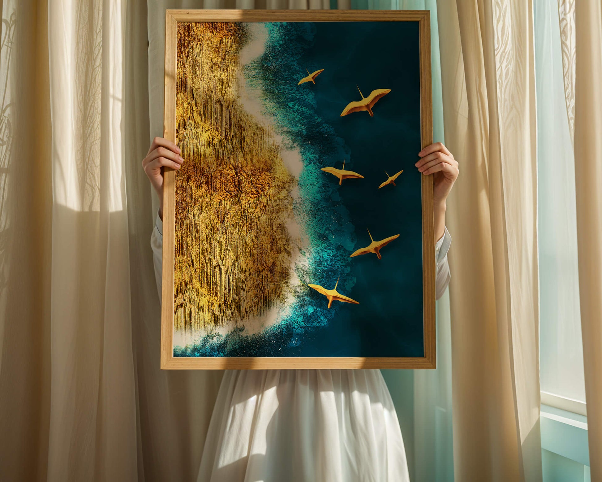 Golden beach landscape with vibrant ocean and flying seabirds