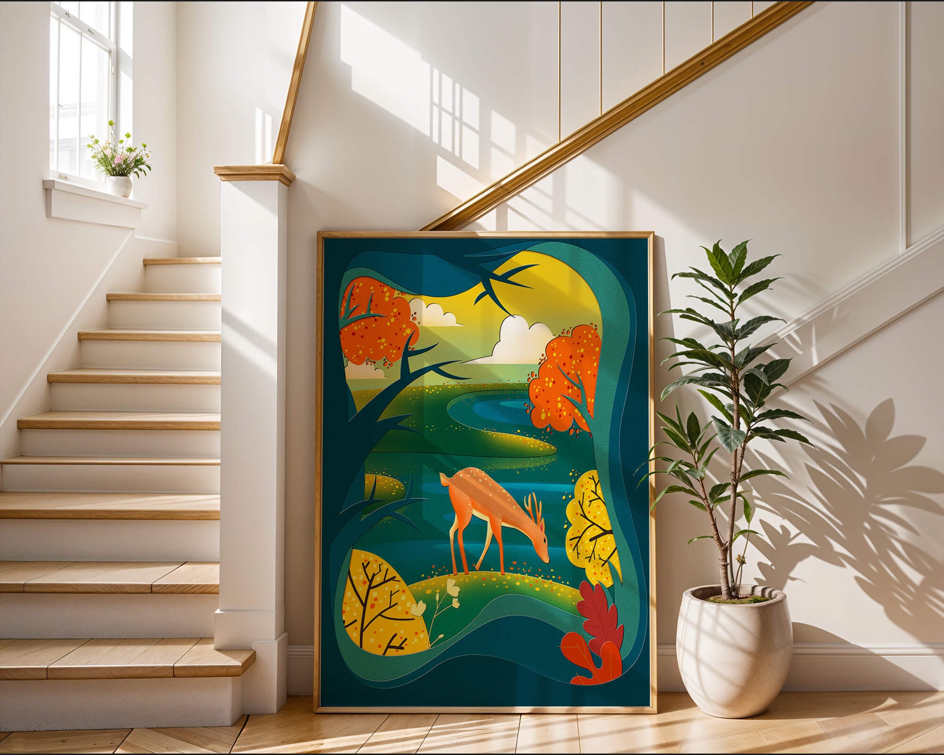 Deer in autumnal forest landscape with vibrant foliage