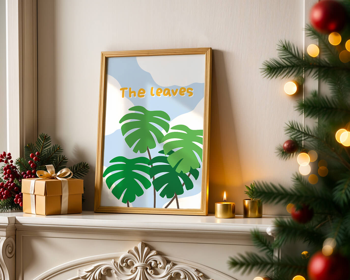 Illustrative tropical leaves with blue sky background for home decor