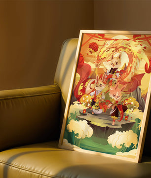 Fantastical scene with anthropomorphic animals and a dragon in a vibrant setting