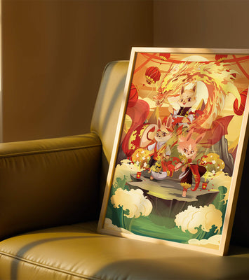 Fantastical scene with anthropomorphic animals and a dragon in a vibrant setting
