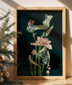 Floral Lotus Design with Gold Accents and Dew Drops