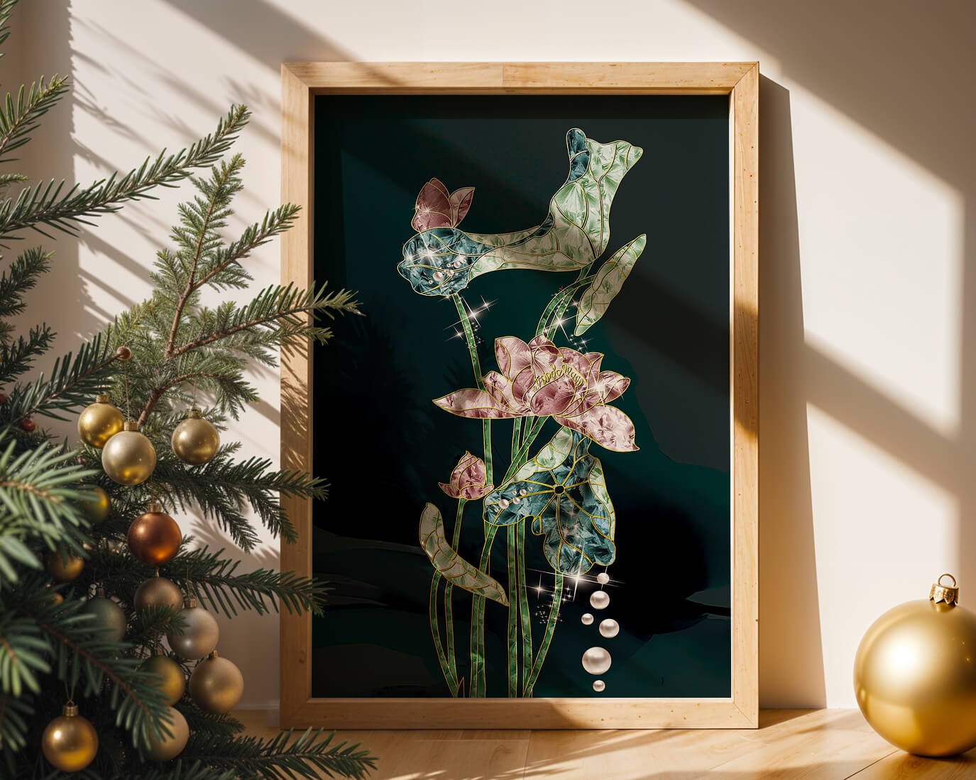 Floral Lotus Design with Gold Accents and Dew Drops