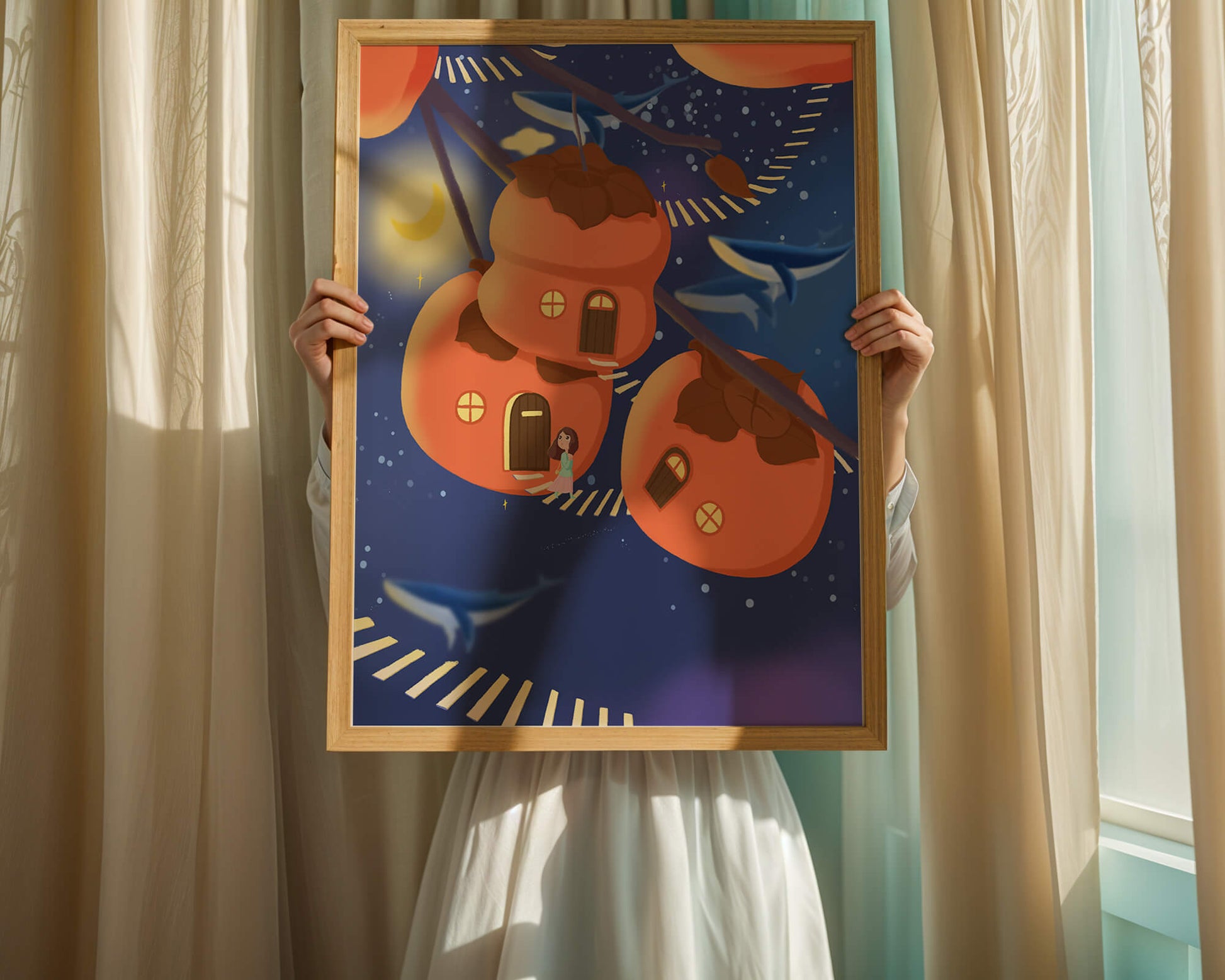 Whimsical night scene with floating persimmon houses and swimming whales