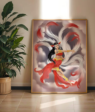 Graceful fantasy fox spirit with flowing tails and red attire in mystical clouds