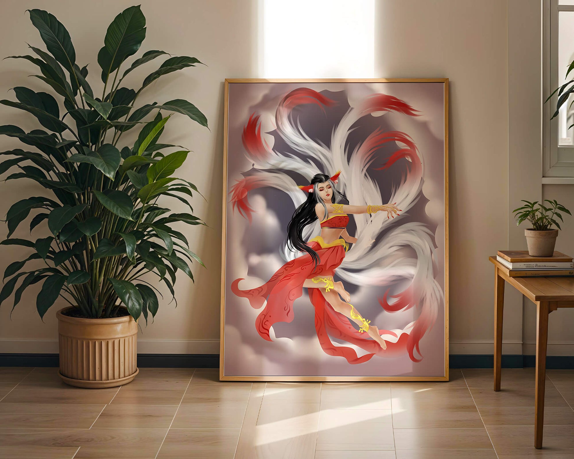 Graceful fantasy fox spirit with flowing tails and red attire in mystical clouds