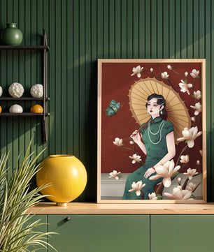 Mujer elegante con parasol y flores de magnolia sobre fondo rojo