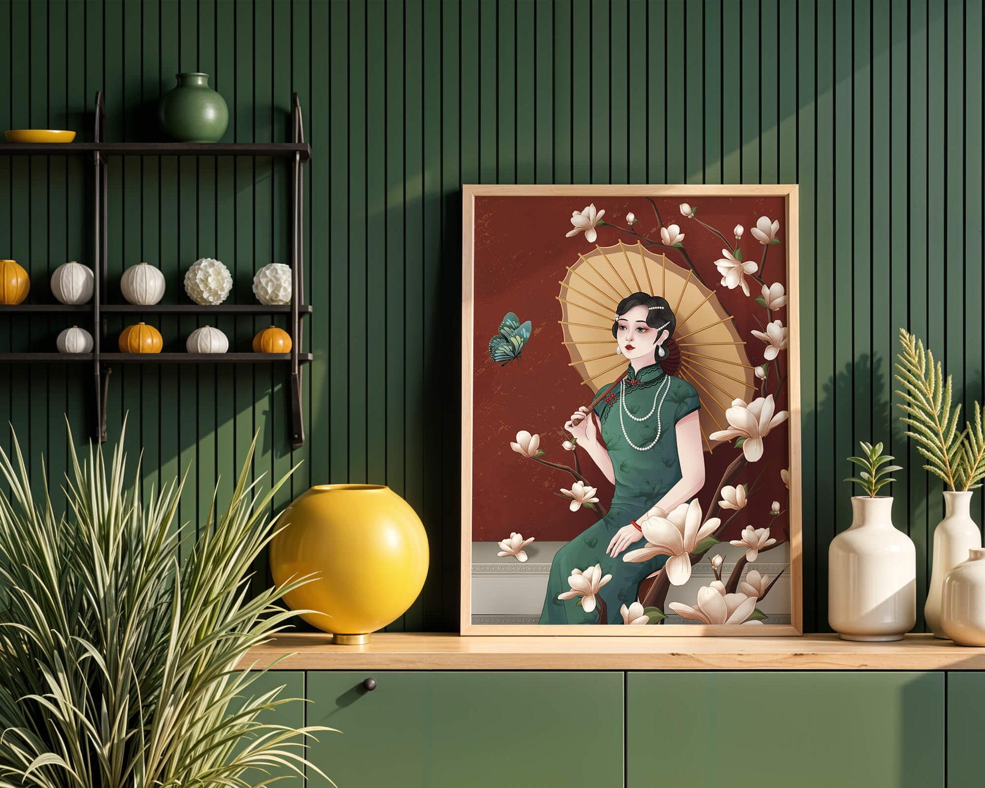Mujer elegante con parasol y flores de magnolia sobre fondo rojo