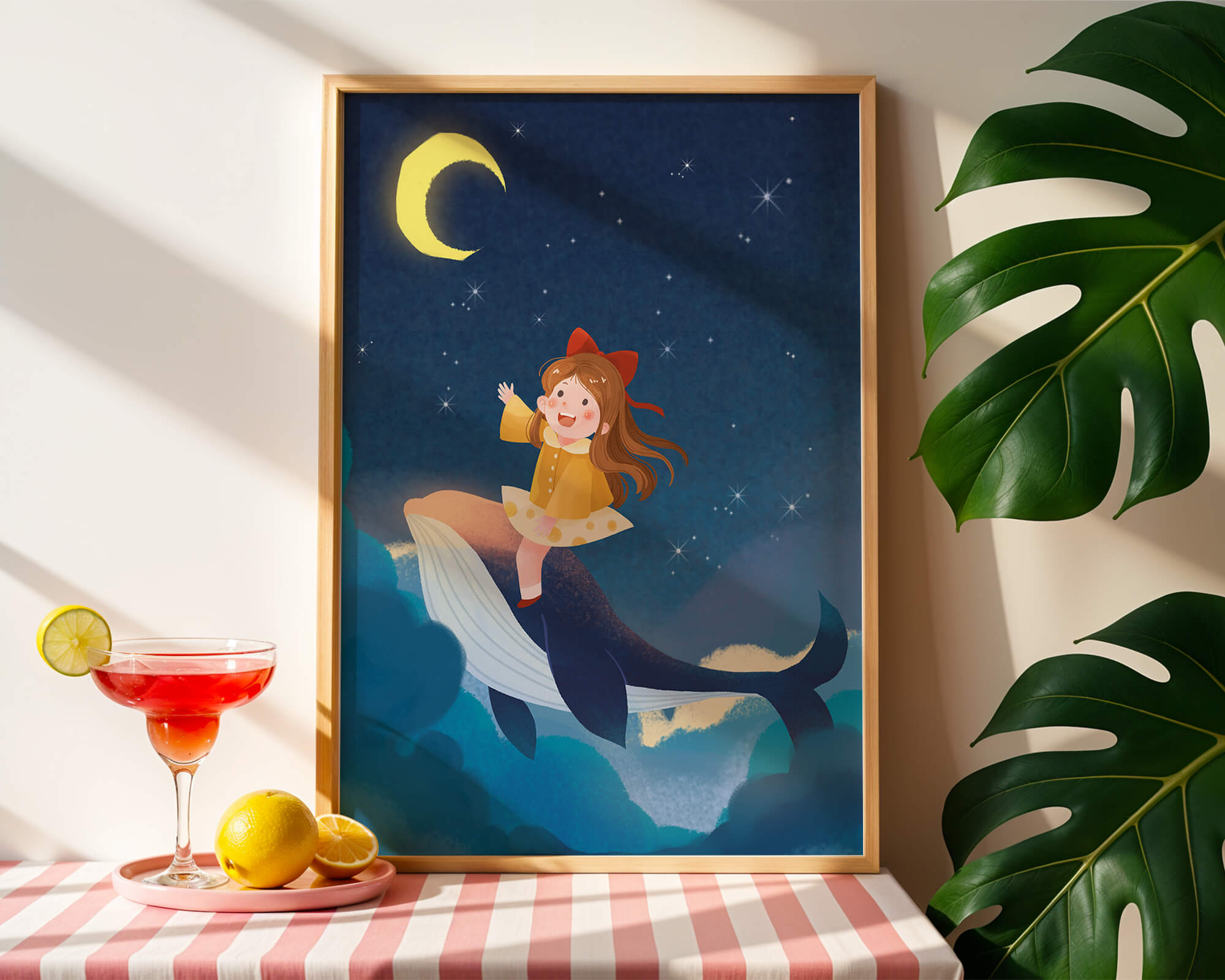 Girl on a whale under starry night sky