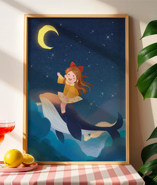 Girl on a whale under starry night sky