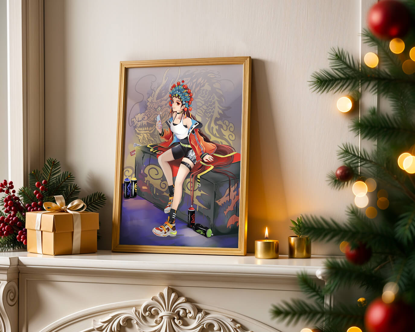 Anime art of a girl in traditional attire with urban elements