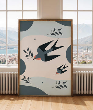 Ilustración abstracta de golondrinas con hojas y formas geométricas