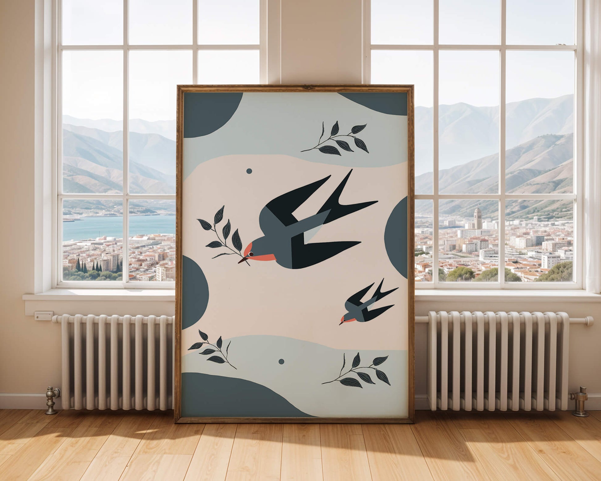 Ilustración abstracta de golondrinas con hojas y formas geométricas
