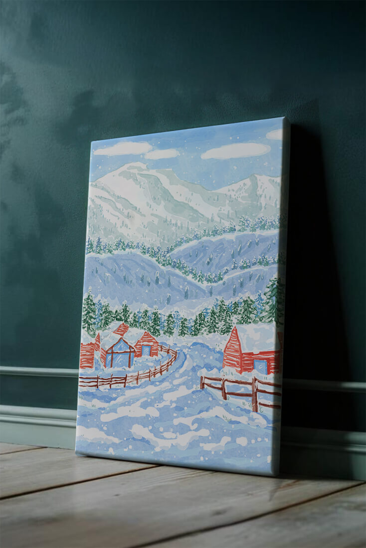 Charming snowy landscape with mountain view and cozy cabins