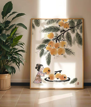 Arte japonés con una niña recogiendo caquis bajo un árbol