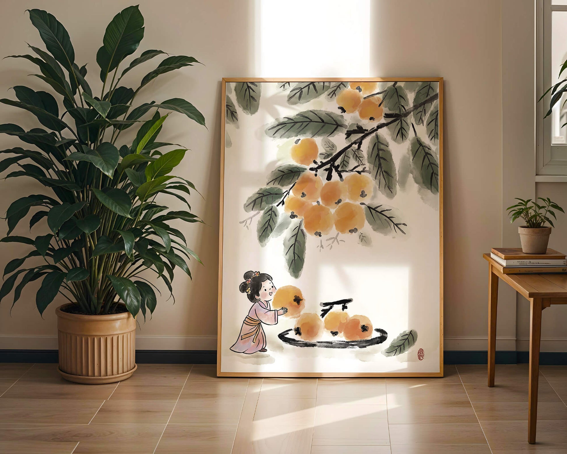 Arte japonés con una niña recogiendo caquis bajo un árbol