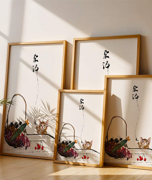 Juguetón gatito con frutas y arte de caligrafía