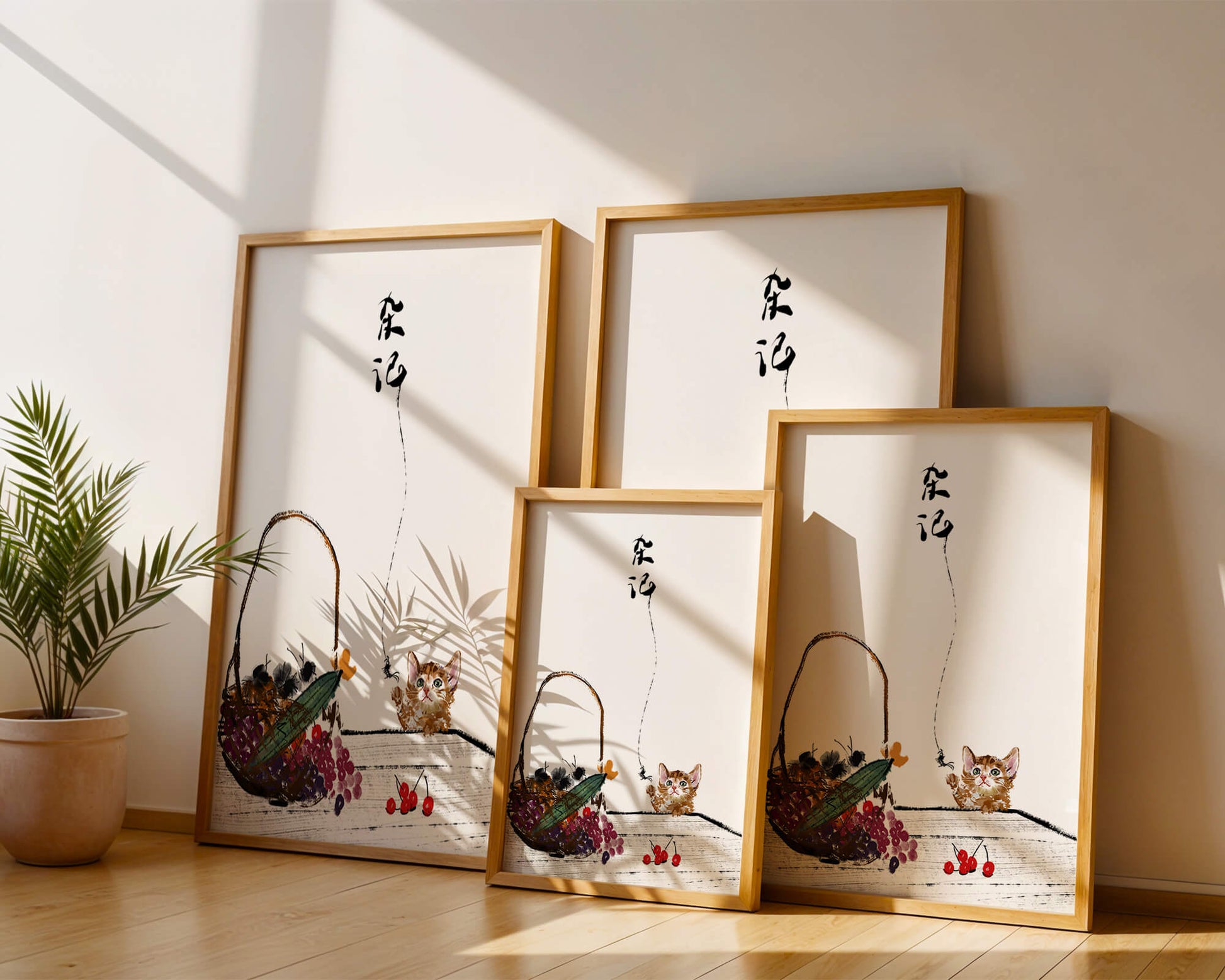 Juguetón gatito con frutas y arte de caligrafía