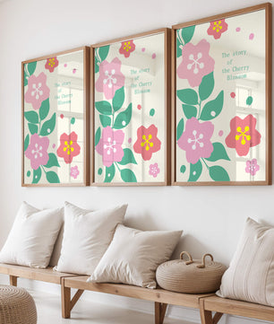 Florale Illustration mit Kirschblüten und grünen Blättern