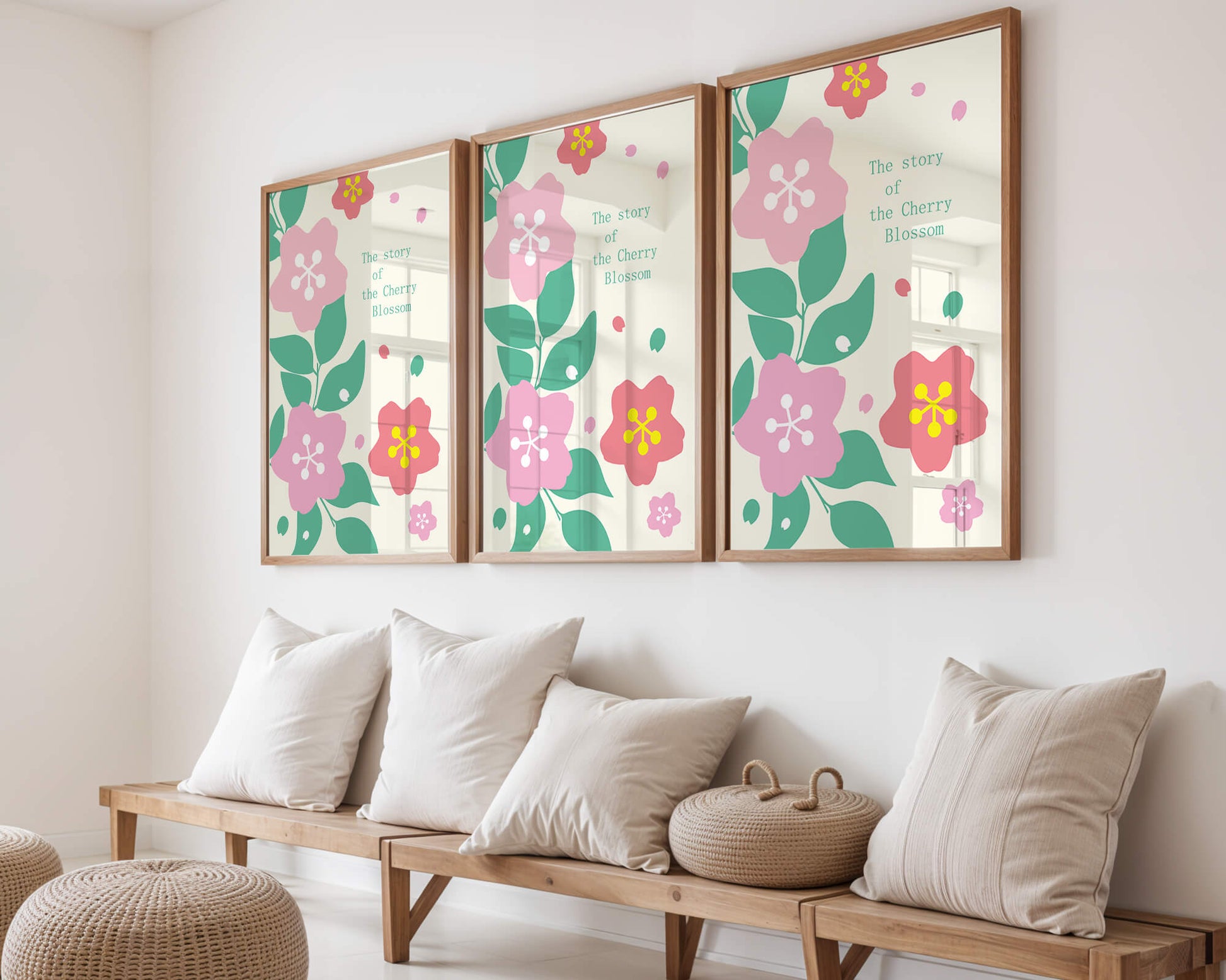 Floral illustration with cherry blossoms and green leaves