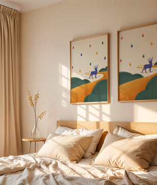 Colorful abstract deer illustration within a serene landscape