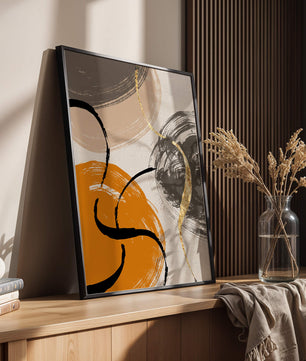Abstract Art with Orange, Black, and Gold Brushstrokes - Mi tienda