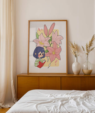 Illustration d'une fille lisant avec de grands lys roses en arrière-plan