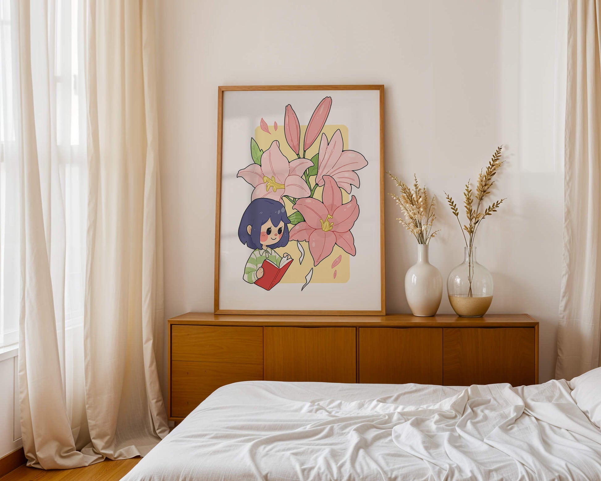 Illustration of a girl reading with large pink lilies in the background