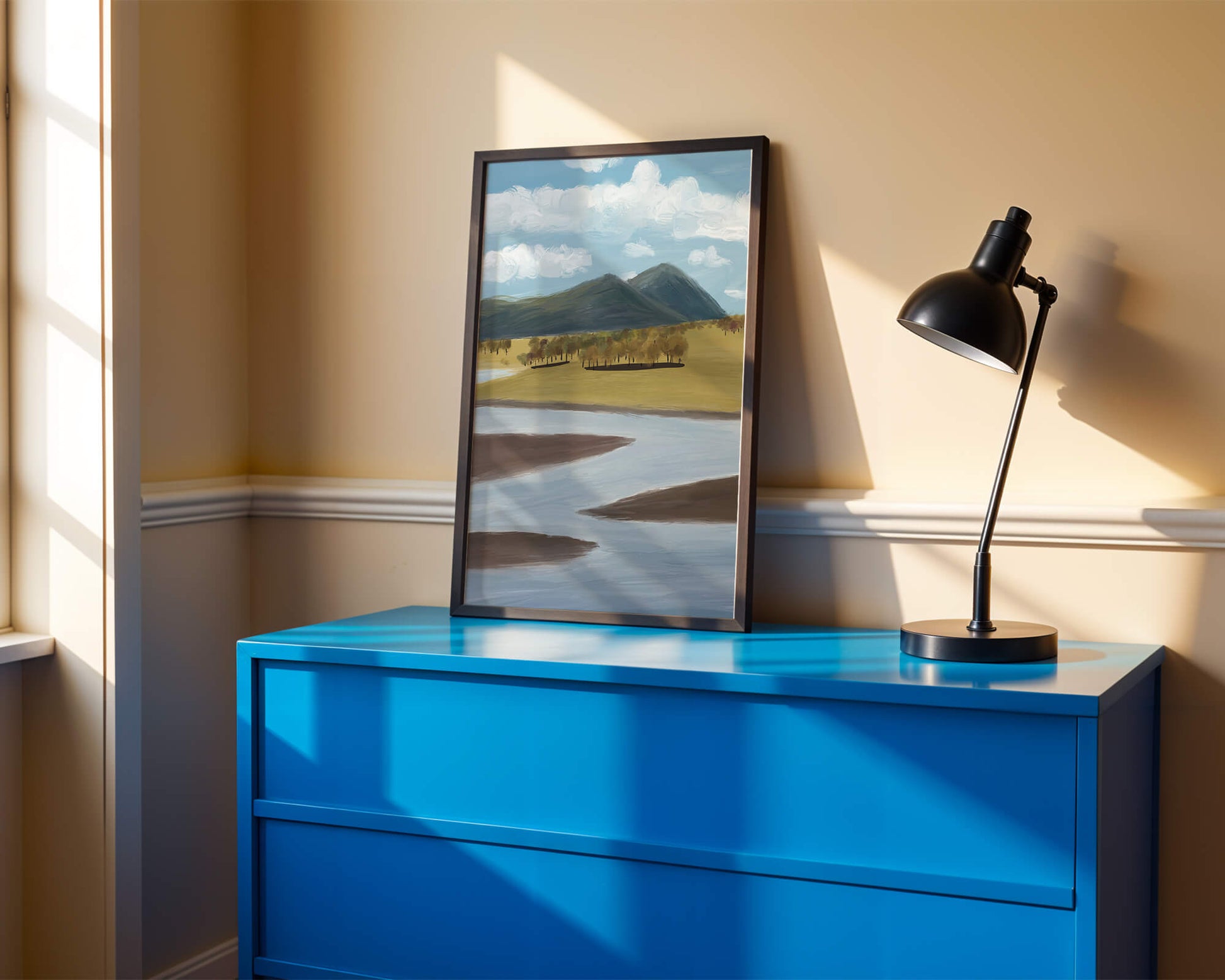 Serene Landscape with Mountains, Trees, and River