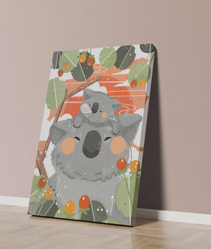 Koalas dans un cadre naturel vibrant aux tons orange et verts
