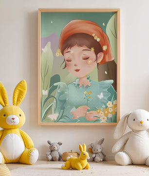 Ilustración serena de una chica en la naturaleza con flores y mariposas