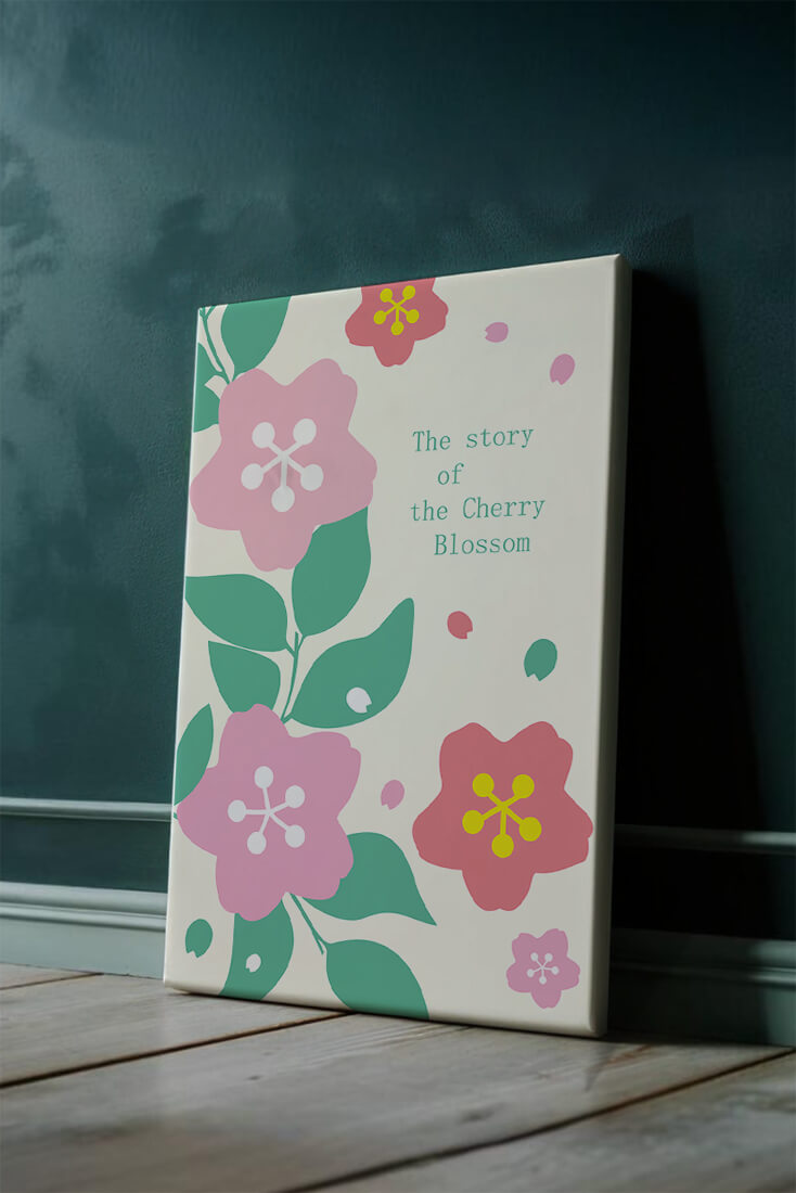 Floral illustration with cherry blossoms and green leaves