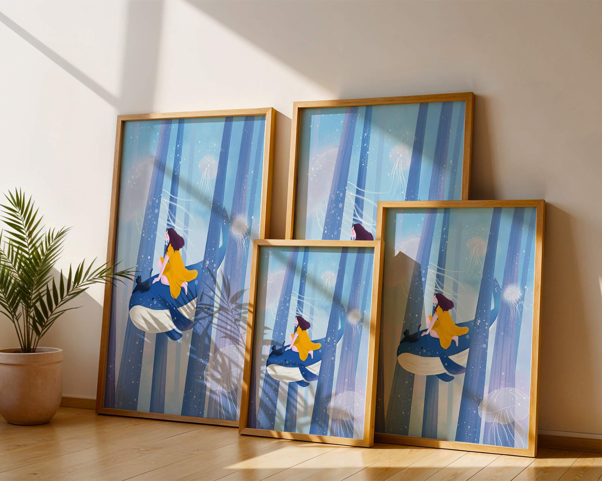 Dreamlike scene with girl, cat, and whale in an ethereal ocean