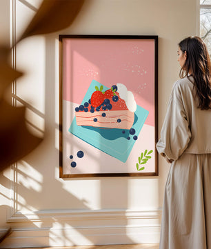 Bunte Dessertillustration mit Erdbeeren und Blaubeeren auf pastellfarbenem Hintergrund