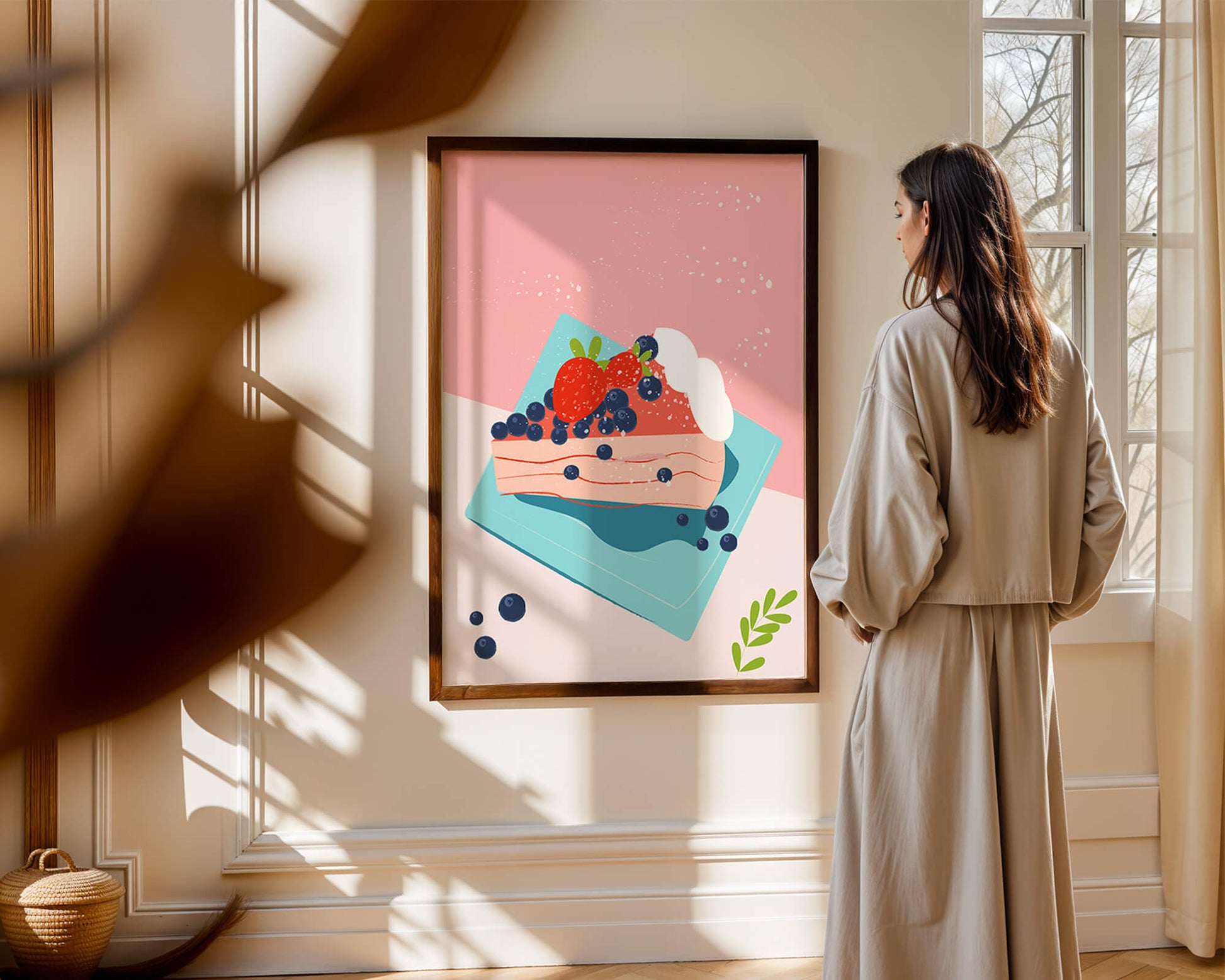 Bunte Dessertillustration mit Erdbeeren und Blaubeeren auf pastellfarbenem Hintergrund