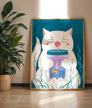 Playful cat with a fish tank tumbler in the underwater scene illustration