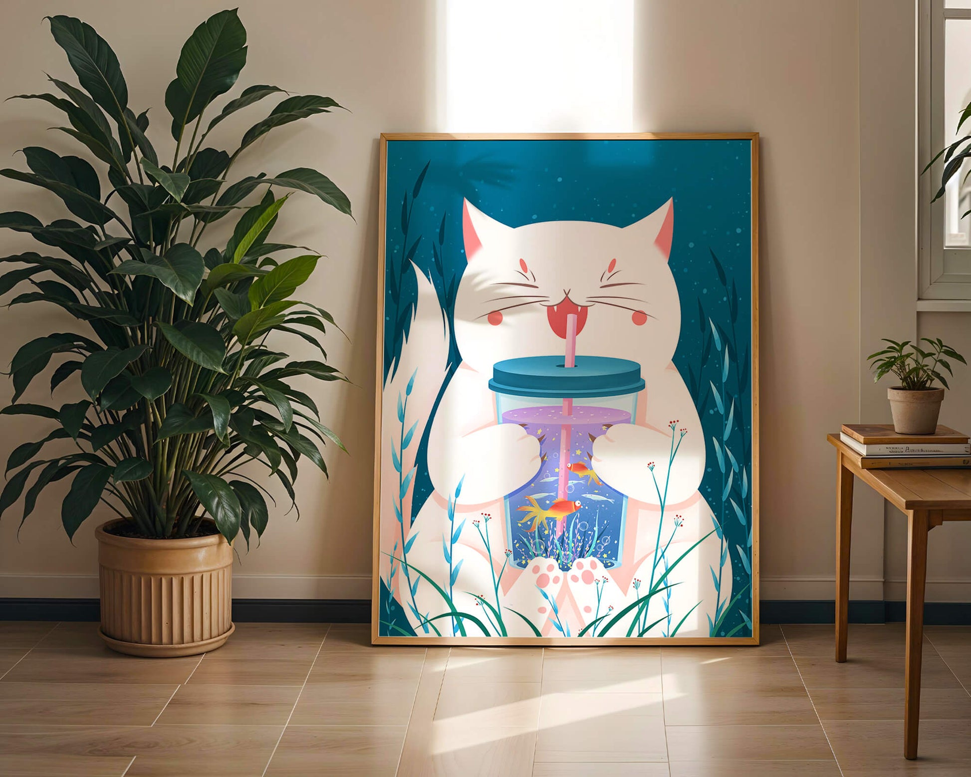 Playful cat with a fish tank tumbler in the underwater scene illustration