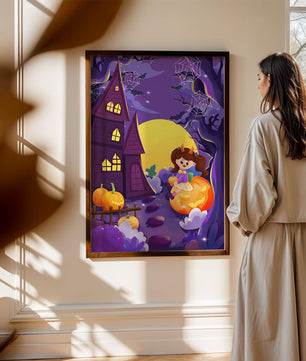 Charming Halloween scene with a girl on a pumpkin near a haunted house