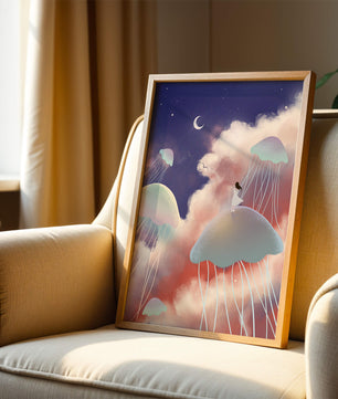 Dreamy Scene with Floating Jellyfish and Moonlit Sky