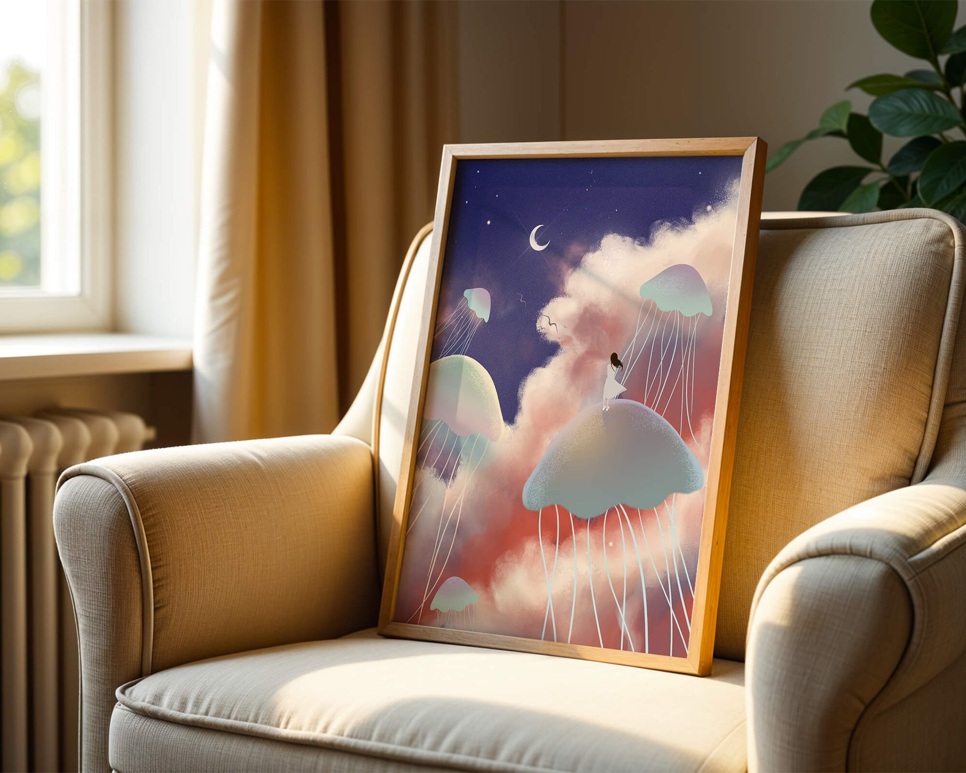 Dreamy Scene with Floating Jellyfish and Moonlit Sky