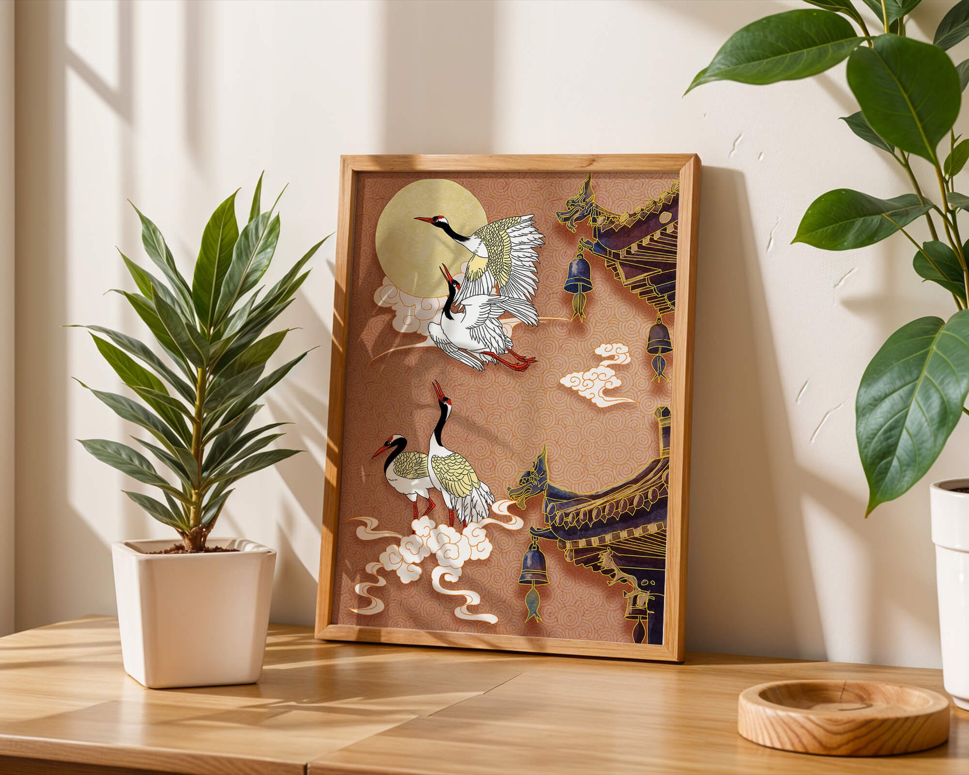 Oriental crane art with golden accents and architectural design