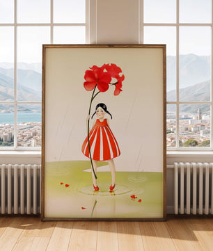 Young girl holding large red flower standing in puddle illustration