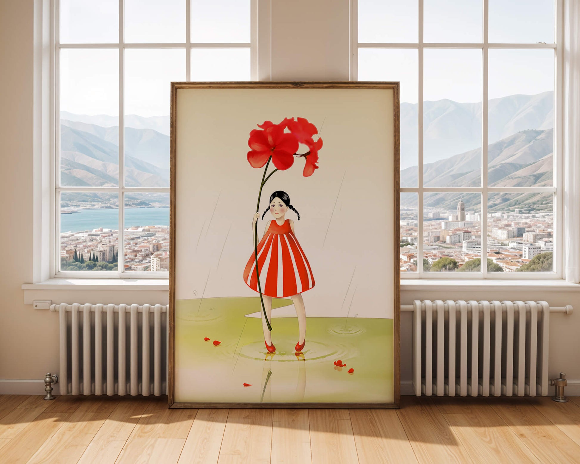 Young girl holding large red flower standing in puddle illustration