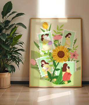 Ilustración de momentos familiares con fondo floral vibrante